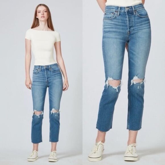 RE/DONE HIGH RISE STOVE PIPE JEAN DUSK DESTROY $265 Womens 27 - Picture 2 of 12